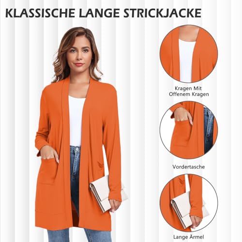 TownCat Damen Strickjacke Lang Mit Taschen Langarm Offener Strickmantel Cardigan Damen Lang Elegant Dünn Kultivieren Lässig Leichte Belüftung Orange L