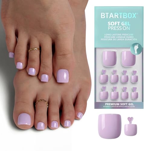 BTArtbox Press On Toenails - First Step, Easy-to-Apply Pastel Light Purple Short Square Toe Nail Press Ons with Glue and Adhesive Tabs in 15 Sizes - 30 Toenails All-in-One Kit