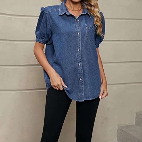 Camisetas femininas de manga curta jaqueta jeans camisa com bolso reto solto top puff camiseta femin