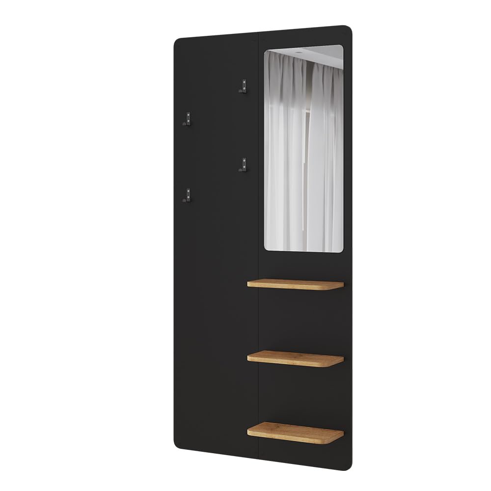 Vicco Appendiabiti da parete Jochen, Nero/quercia, 70 x 150 cm con specchio, da parete con ripiano per scarpe e borse