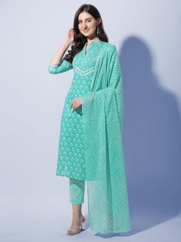 Image of MIRCHI FASHION Pure Cotton Women Straight Printed Embroidery Work Kurti Set with Dupatta and Pant