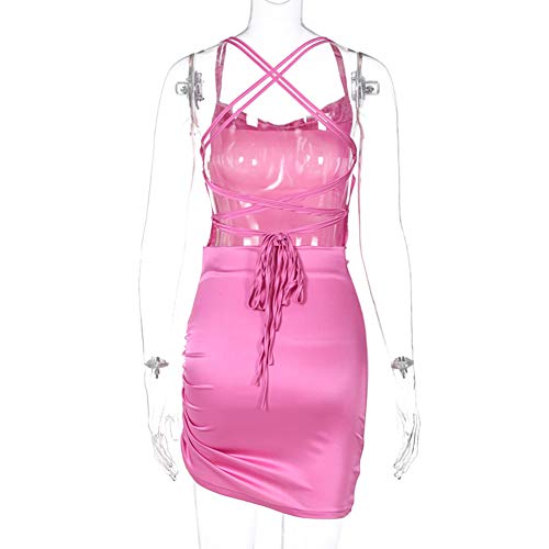 Image of JUMISEE Women Satin Ruched Lace Up Bodycon Mini Dress Sexy Backless Spaghetti Strap Party Dress for Cocktail Clubwear