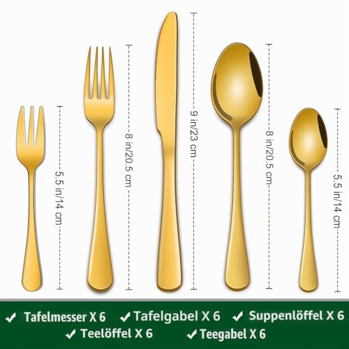 30-teilig Edelstahl Bestecksets 6 Personen, Besteck Gold Spülmaschinenfest – Ansicht 2
