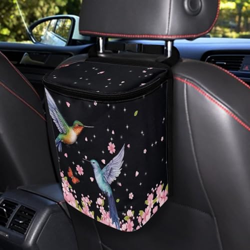 Image of Pink Cherry Blossom Hummingbirds Car Trash Bin Interior Accessory Lightweight Auto Garbage Can Bag for Back Seat Washable Mini Car Trash Can with Lid