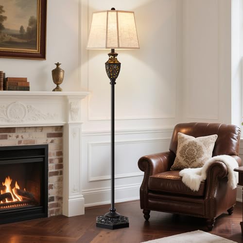 Image of Luvkczc Vintage Black Floor Lamp,Resin Traditional Standing Lamp | with 6-Sided Carved Hollow Nightlight, for Living Room, Bedroom, Study (Bulb Included)