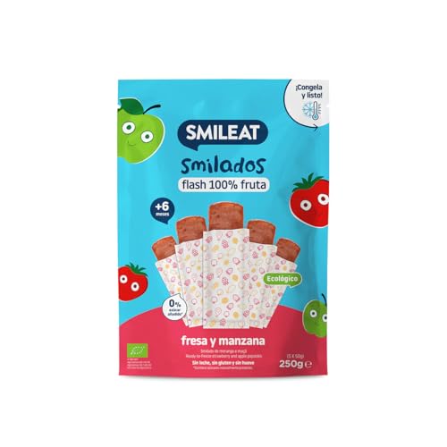 Smileat - Smilados de Frutas Ecológicas - Flash de Fresa y Manzana - Sin Azúcar Añadido, Sin Gluten - Flash para Congelar - Para Peques 6+ Meses - 5x50g (250gr)