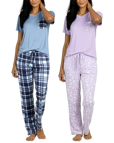 Image of Real Essentials 2 Pack: Women's Comfy Pajama Sets - Short Sleeve Ladies Loungewear Sleepwear PJs (Available In Plus)