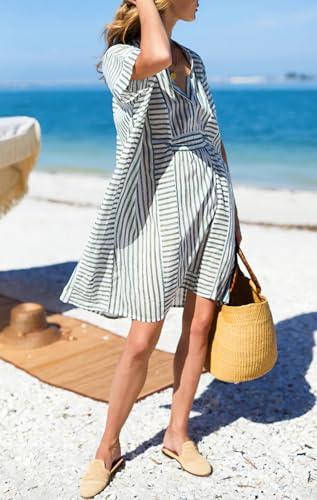 chouyatou Womens Summer Loose Stripe Beach Dress Cover Ups Casual Batwing Sleeve Midi Tunic Shirt Dress2