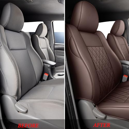 Image of Coverado Tacoma Seat Covers, Leather Front Car Seat Covers for Toyota Tacoma, Car Seat Protector Compatible with 2005-2023 Toyota Tacoma Double /Crew Cab(Brown)