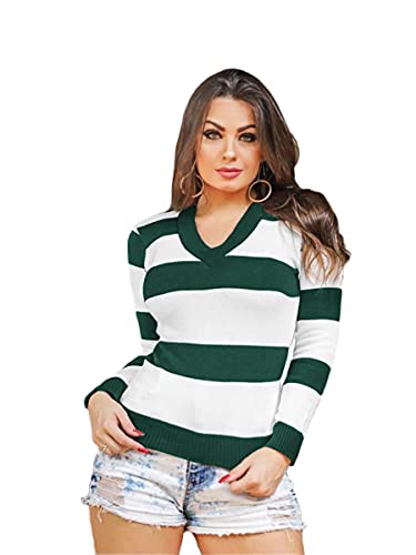 Blusa Tricô Tricot Listrada Feminina Suéter Gola V (Verde-escuro, M)