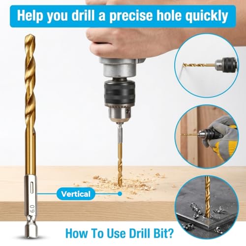 Image of Serplex 19PCS High Speed Steel Hex Shank Drill Bit Set with 1 /4 inch Hex Shank, Titanium Coated HSS Twist Drill Bits Assortment for Wood, Plastic, Soft Metal & Light Duty Masonry Power Drill Tool Kit