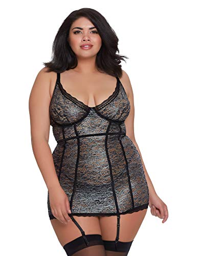 Dreamgirl Women's Plus Size 2 Piece Stretch Lace Print Garter Slip, Metallic Black, 1X
