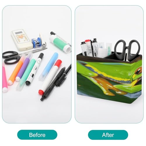 Crayons et pinceaux enfin ordonnés grâce au porte-stylos de bureau en cuir vert