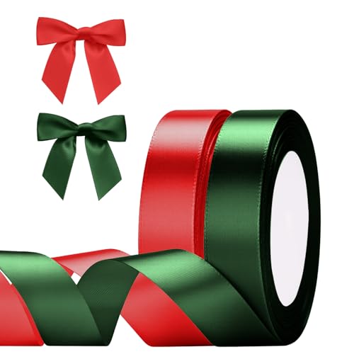 G2PLUS Rot und Grün Geschenkband, 20mm Schleifenband Rot und Grün, 44m Stoff Weihnachten Satinband, Dekoband für Geschenkverpackung