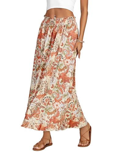Rooscier Women's Floral Print Elastic High Waist Ruched A Line Long Skirts with Pockets3