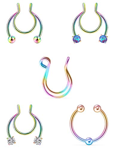 Oufksiyy Fake Nose Rings Hoop Face Septum Ring Clip on Spring Faux Lip Ring Helix Cartilage Earrings Surgical Steel Moon Ear Lobe Conch Non Piercing Jewelry for Women