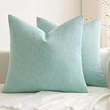 MIULEE Pack of 2 Decorative Farmhouse Linen Pillow Covers Rustic Boho Accent Outdoor Couch Throw Pillow Covers for Cushion Bed Sofa Living Room Home Decor 18x18 Inch Aqua Green