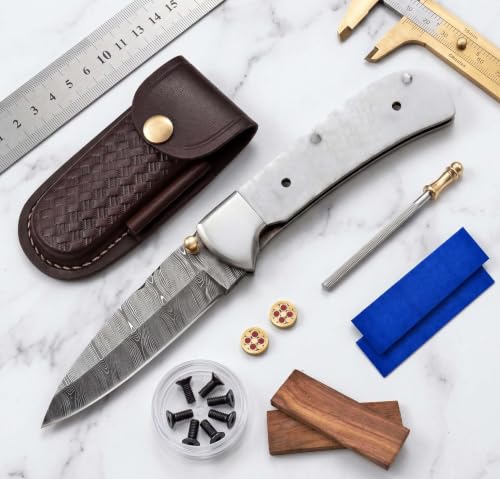 Damascus Steel Knife Blank Blade Pocket Folding Blade Knife Making Kit Walnut Scale Leather sheath Screws Fiber Sheets Edge Sharpner Mossaic Pin Kives for Camping Bushcraft Hiking Outdoor (FKK-01)