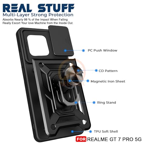 Image of Armor Bumper Back Cover Case for Realme GT 7 Pro 5G Rotating Camera Cover, Ring Holder & Kickstand | Heavy Duty & 360 Degree Protection Realme GT 7 Pro 5G Back Cover (Black)