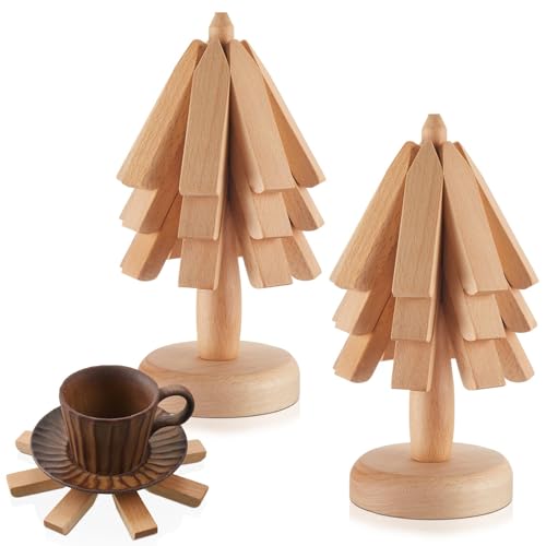 Suzile 2 Set Wooden Trivets for Hot Dishes Tree Shape Trivet Set 6 Wooden Trivets + 2 Stand Stored Wood Table Mat Foldable Tree Design Trivet Mats for Teapot Pans Bowl Kitchen Table(Wood Color)