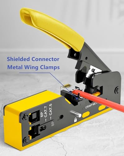 Image of XIKKART Cat7 RJ45 Crimping Tool Yellow | Pass Through Ethernet Crimper with Wire Stripper & Cutter | All-in-One Crimping Tool for Cat7, Cat6A, Cat6, Cat5e, Cat5 Network Cables Installation Tool Kit