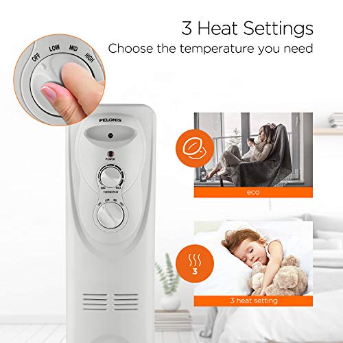 Pelonis Pho15A2Agw, Basic Electric Oil Filled Radiator, 1500W Portable Full Room Radiant Space Heater With Adjustable Thermostat, White, 26.10 X 14.20 X 11.00 In #TOP4