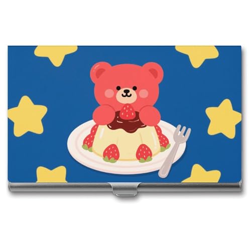 Slim Business Card Case for Men & Women, Pocket Metal Case, Red Bear in Pudding Professional Aluminum Alloy Business Card Holders, Stylish Purse Name Cards Holder, Buckle Style Shut
