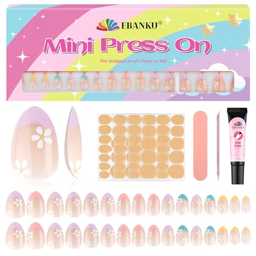 EBANKU Juego de uñas postizas para niños, 32 piezas, con forma de almendra, 1 paquete de uñas postizas cortas con pegamento para uñas