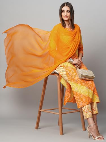 Image of GoSriKi Women's Cotton Blend Printed Straight Kurta with Pant & Dupatta