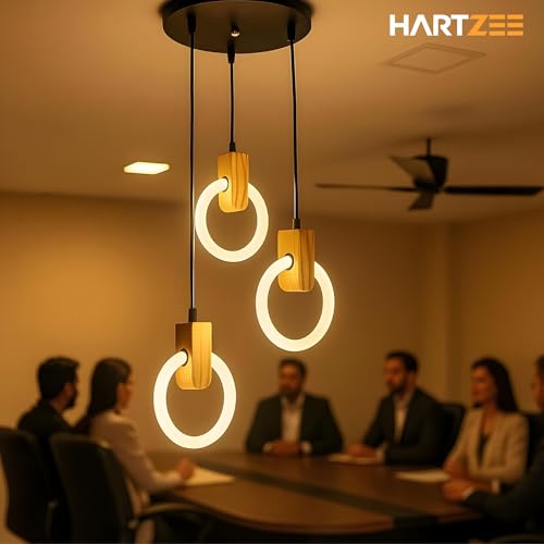 Image of Lunaris Orbit 2 Pack LED Chandelier 3 Ring Pendant Light | Modern Hanging Ceiling Lamp with Wooden Accent for Living Room, Dining Room, Bedroom, Restaurant & Cafe | 3000K Warm White Lighting