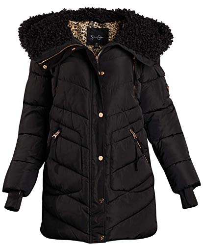 Jessica Simpson Women's Nylon Puffer Bubble Jacket with Fur Lined Oversized Hood, Size