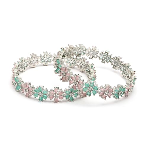 Image of ZENEME Rhodium Plated Silver Toned Floral Shaped American Diamond Studded Bangles Set Of 2 For Women & Girls