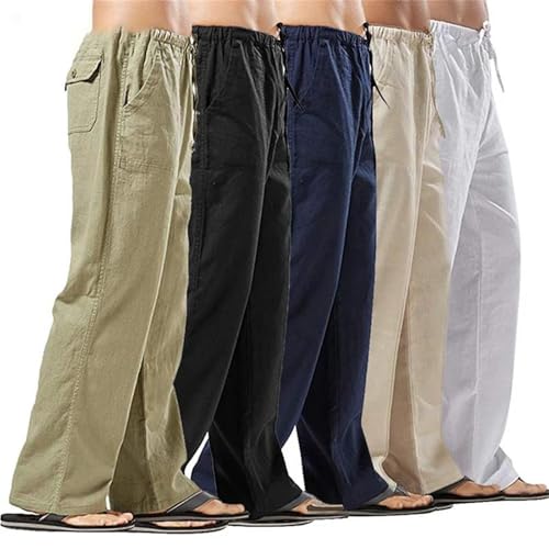 Men's Cotton Linen Straight Leg Cargo Pants Elastic Waist Streetwear Sweatpants2