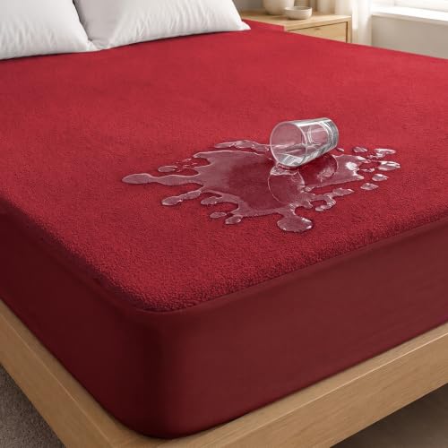 Image of Lukzer Waterproof Mattress Protector Maroon King Size 78 x 72 Inches (6.5 x 6 ft) Ultra Soft Terry Cotton Feel Fabric with Elastic Skirting Hypoallergenic and Breathable Mattress Cover