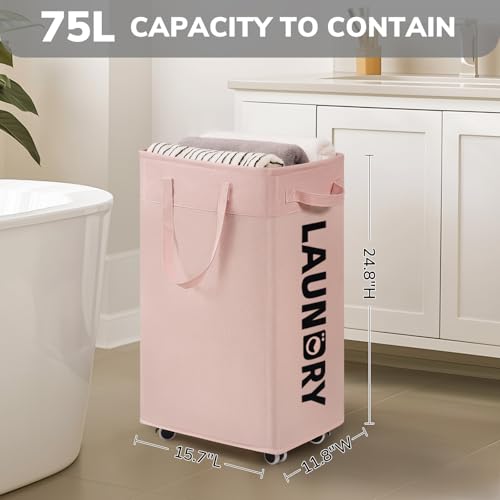 Image of Goodpick Pink Laundry Basket with Wheels, Dorm Room Essentials for Girls, 75L Collapsible Laundry Basket, Laundry Hamper with Handle for College Dorm