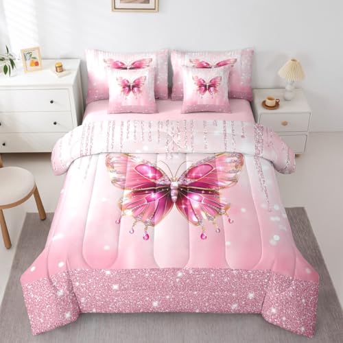 Image of Feelyou Pink Butterfly Comforter Set with Sheets 7 Piece Queen Size Dreamy Princess Bed in a Bag Kids Boys Girls Glitter Bedding Set Watercolor Butterflies Bedroom Decor Breathable Soft