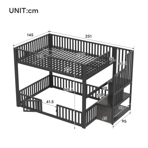 Merax Lit superposé noir 140 x 200 cm avec échelle de rangement, éclairage LED, lit mezzanine pour enfants et adolescents, lit mezzanine avec grilles de protection
