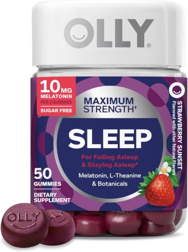 Image of OLLY Max Strength Sleep Gummy, 10mg Melatonin, L-Theanine, Chamomile, Lemon Balm, Sugar Free, Vegetarian Sleep Aid, Strawberry - 50 Count (Pack of 12)
