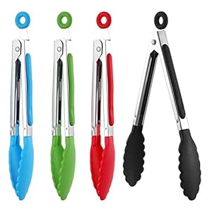 4 Pcs Kitchen Tongs, 8” Non-Slip Stainless Steel Cooking Tongs with Locking Clip for Cooking, BBQ, Serving, Heat Resistant Handle, Food Grade, Assorted Colour