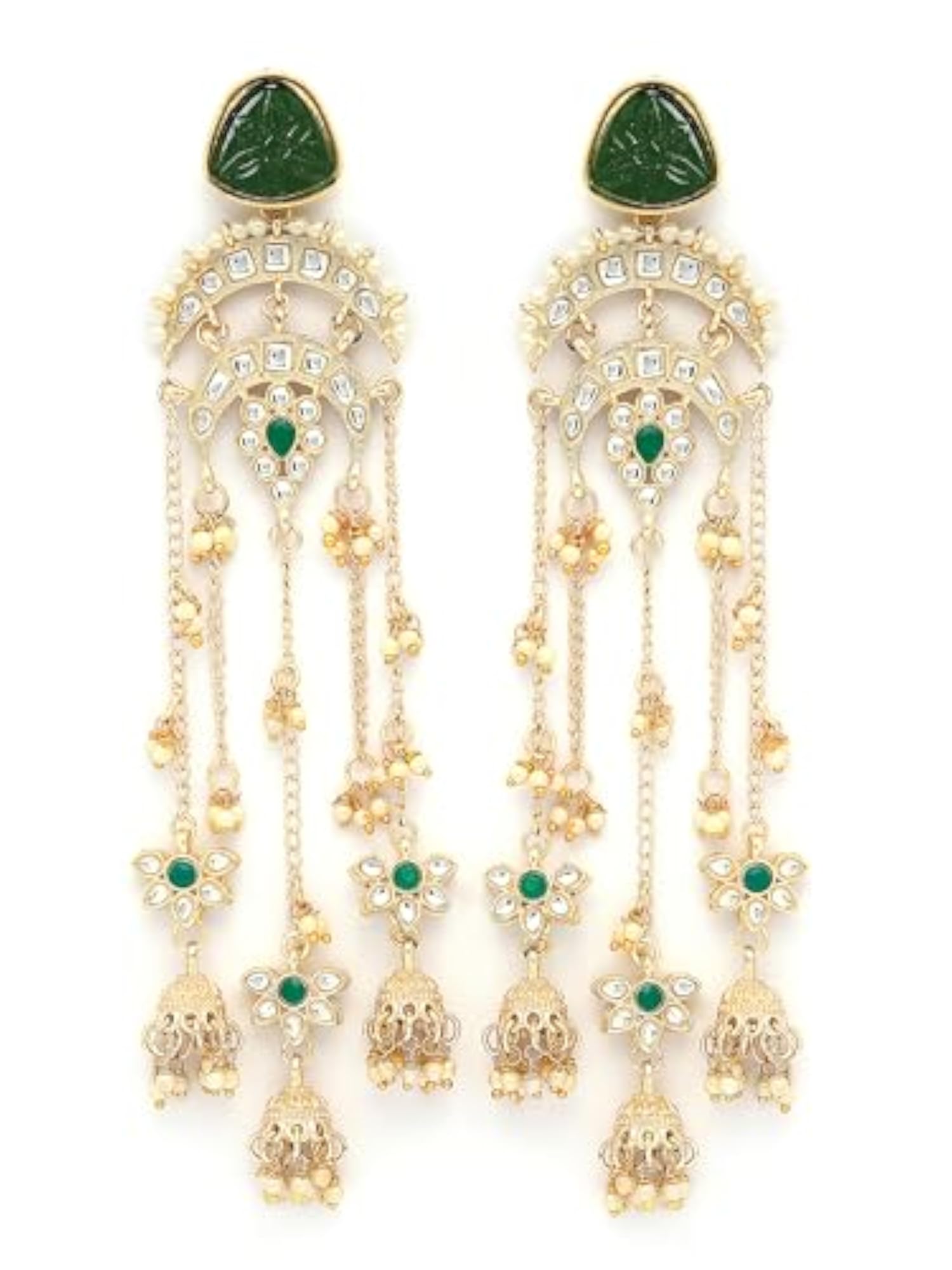 Ethnic Gold Plated Green Carved Stone Long Dangler Earrings