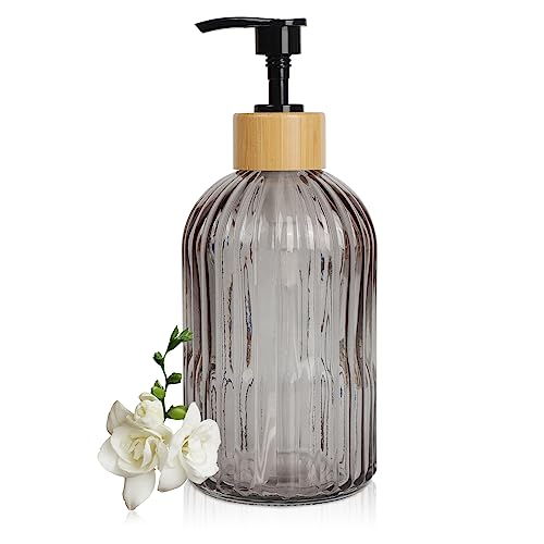 Topsky Glass Soap Dispenser with Black Wooden Hoop Pump 400ml Liquid Hand Soap Dispenser Rustproof Pump for Kitchen & Bathroom Great for Lotions Essential Oil Liquid Soaps (Translucent Black)