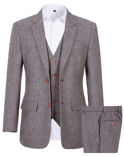 Wemaliyzd Men's Thicken Tweed Suits 3 Piece Slim Fit Jacket Wedding Groom Suit Vest Pants