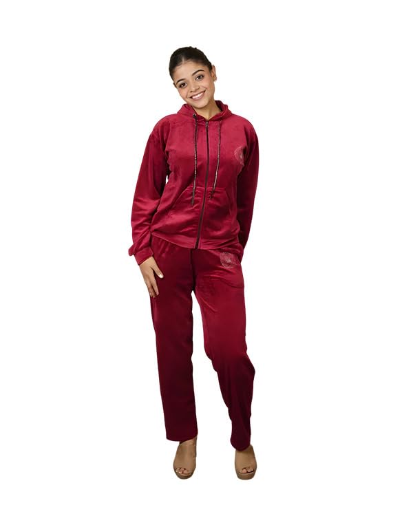 fashiontownie Women's Velvet Co-ord Set, Mehroon, Free Size, Supersoft Stretchable Fabric, Hoodie with Zipper, Fits S to L-picture-33