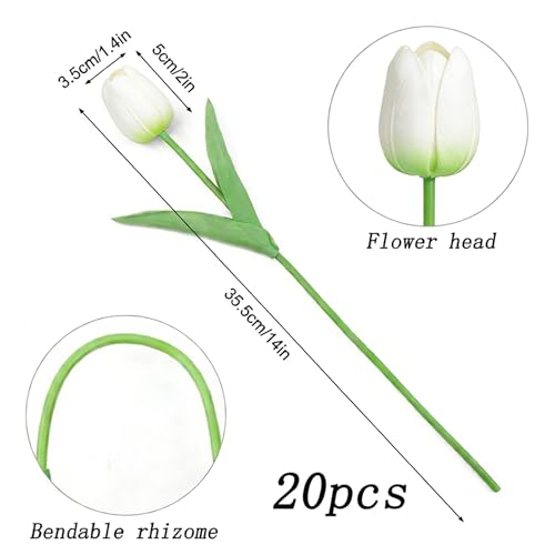 Image of 20Pcs Stems 13.5 Inch Light Green PU Artificial Moisturizing Tulips, Faux Tulips Flowers for Thanksgiving Christmas Decorations Wedding Home Table Vase Floral Arrangements