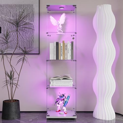 BursDany Vitrine en Verre avec LED, Armoir de Vitrine pour Collection Moderne avec 4 étagères en Verre ESG, pour Le Bar, Le Salon, 164 x 42.5 x 36.5 cm, Blanc