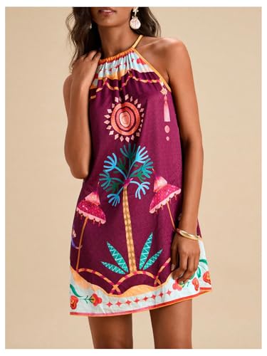 Image of SweatyRocks Women's Tropical Print Halter Dresses Sleeveless Holiday Summer Mini Dress