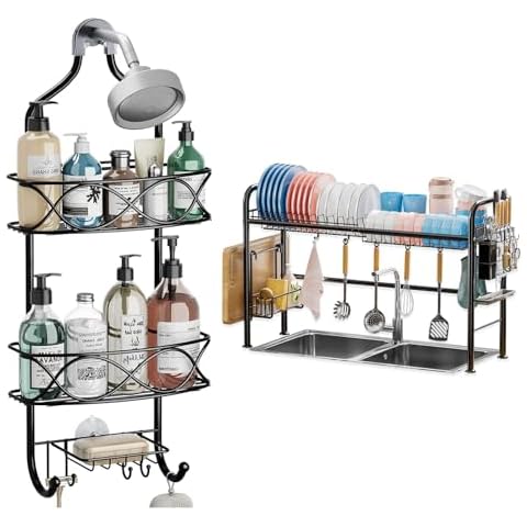 GAOKASE Hanging Shower Caddy Over Shower Head, Large Over The Sink Dish Drying Rack, Rust Proof Metal, Large Bathroom/Kitchen Organizer Cover