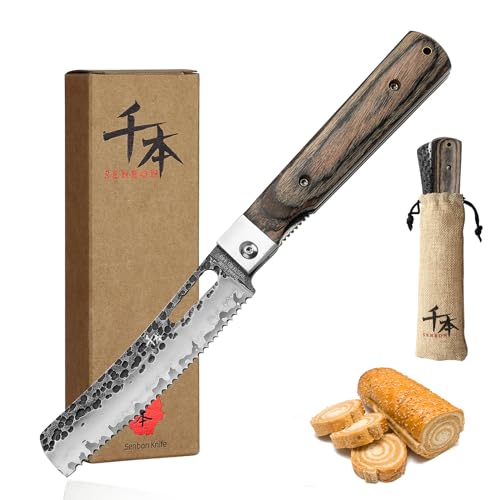 SENBON 440 Couteau à pain en acier inoxydable forgé Lame Sharp Style japonais Pliable Portable Voyage Pâtisserie Couleur Bois Manche Sac Petit Couteau à Pain