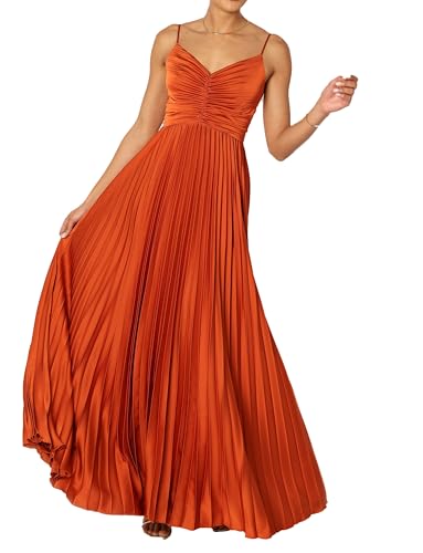 LASPIA Women's Pleated Dress Formal Adjustable Spaghetti Strap Maxi Solid Bridesmaid Evening Party Dresses A-Orange