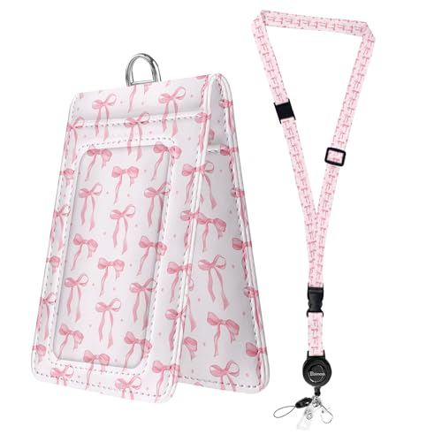 bolimoss Cute Pink Bow Lanyards for ID Badges，Leather Badges Holder with Double Sided Windows, ID Name Badge Card Holder with Quick-Release Buckles & Adjustable Retractable Breakaway Neck Lanyards